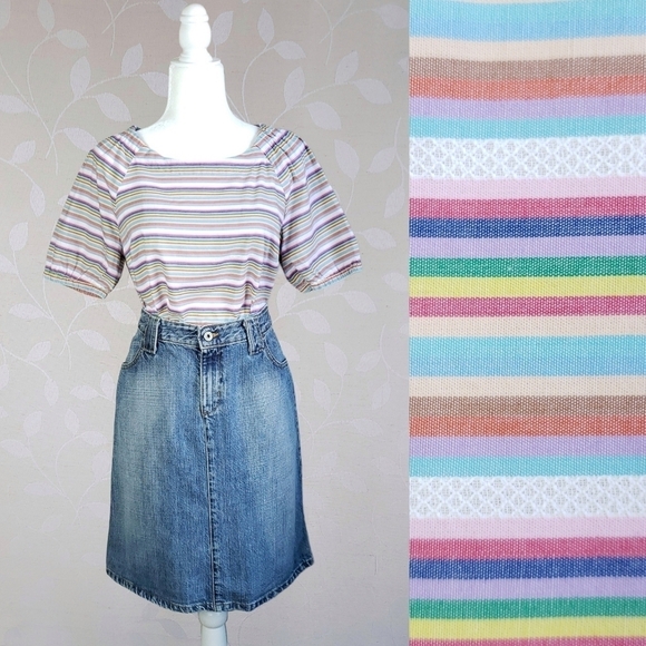 Talbots Pastel Rainbow Striped Puff Sleeve Peasant Top Medium Petite - Picture 1 of 15